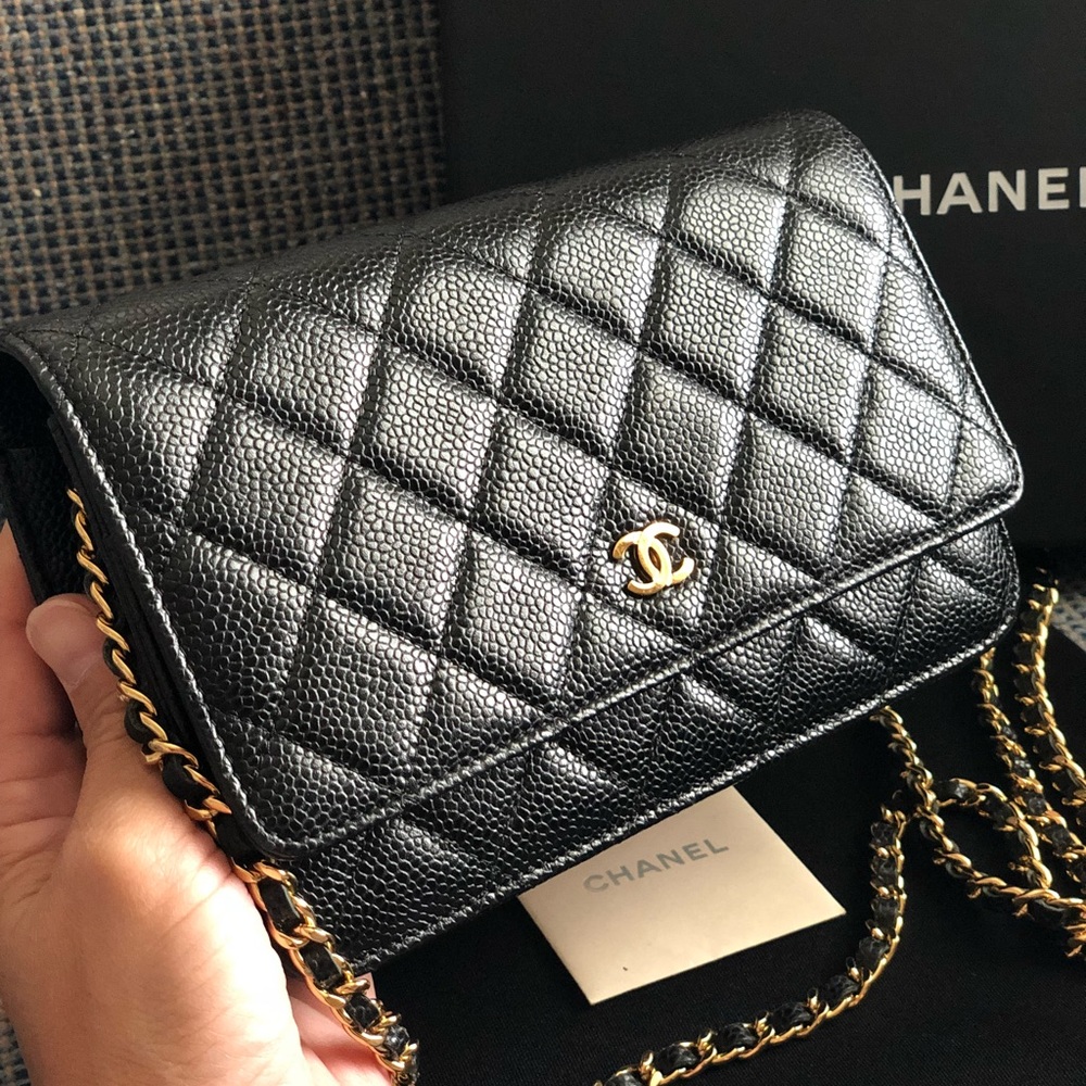 CHANEL Black Quieted Caviar Wallet On Chain Flap